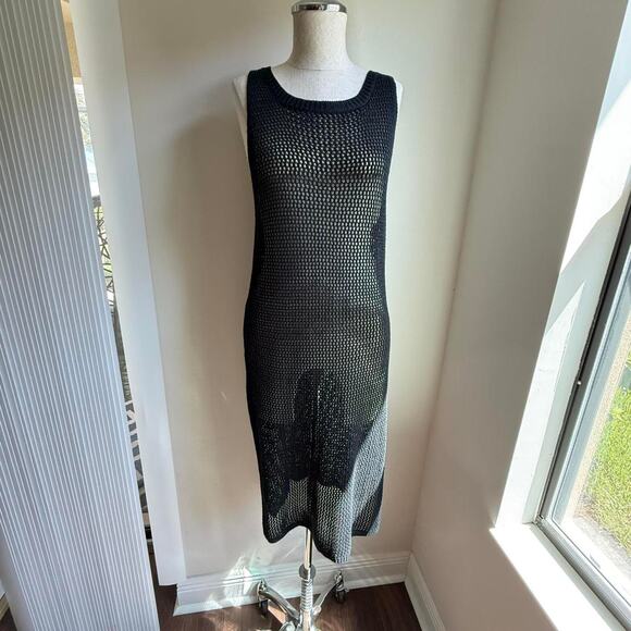 Black Crochet Mesh Knit Tank Dress with Side Slits – One Size - Picture 2 of 5